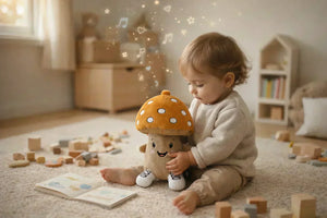 Toddler playing with Lenabie Felix while listing to calming melodies played from Felix