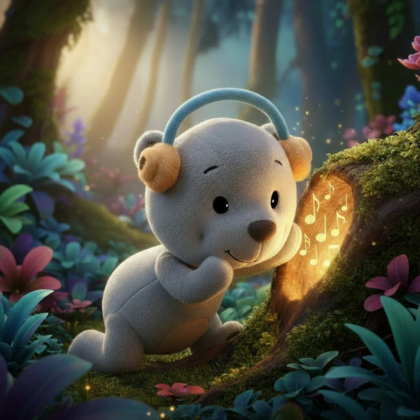 Lenabo Hörspiel „Aaron hört ein neues Geräusch“ von Lenabie Aaron (Bär) – liebevolles Hörspiel für Kinder ab 3 Jahren, Aaron entdeckt im stillen Wald ein geheimnisvolles Klingen aus einem alten Baumstamm und begibt sich neugierig auf die Suche nach der Quelle des neuen Geräusches, atmosphärisch erzählte Klanggeschichte mit sanften Naturgeräuschen, leiser Musik und kindgerechtem Spannungsbogen, fördert Zuhören, Aufmerksamkeit und Fantasie, ideal als ruhiges Hörabenteuer für zwischendurch oder als entspannend