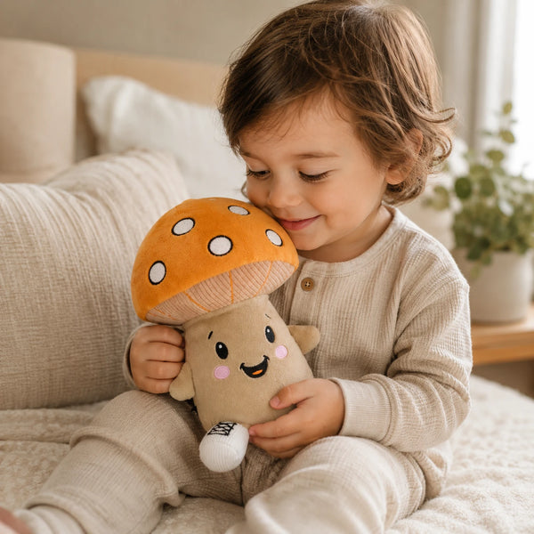 Kleinkind kuschelt auf einem Sofa mit dem Lenabie Felix der Pilz, einer Audio-Kuschelfigur für Kinder. Das Kind hält die freundliche Pilzfigur liebevoll im Arm in einem hellen Kinderzimmer.