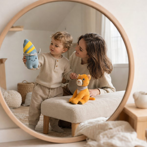 Kleinkind spielt gemeinsam mit der Mutter vor einem Spiegel und entdeckt Nalu das Surfbrett sowie Tali die Puma Dame. Die interaktiven Lenabies begleiten Kinder durch kreative Spielmomente und fördern Neugier, Fantasie und soziale Entwicklung.