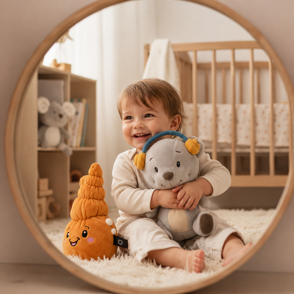 Fröhliches Kleinkind sitzt im Kinderzimmer vor dem Spiegel mit den Lenabies Aaron dem Bären und Mia der Muschel. Die interaktiven Kuscheltiere für Kinder fördern spielerisches Entdecken, Fantasie und kreative Geschichten in einer warmen, freundlichen Umgebung.