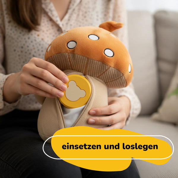 Lenabie Felix (Pilz) mit eingesetztem Lenabo Smart Speaker – herausnehmbares Soundmodul einfach einsetzen und loslegen, für flexibles, waschbares Audio-Kuscheltier für Kinder
